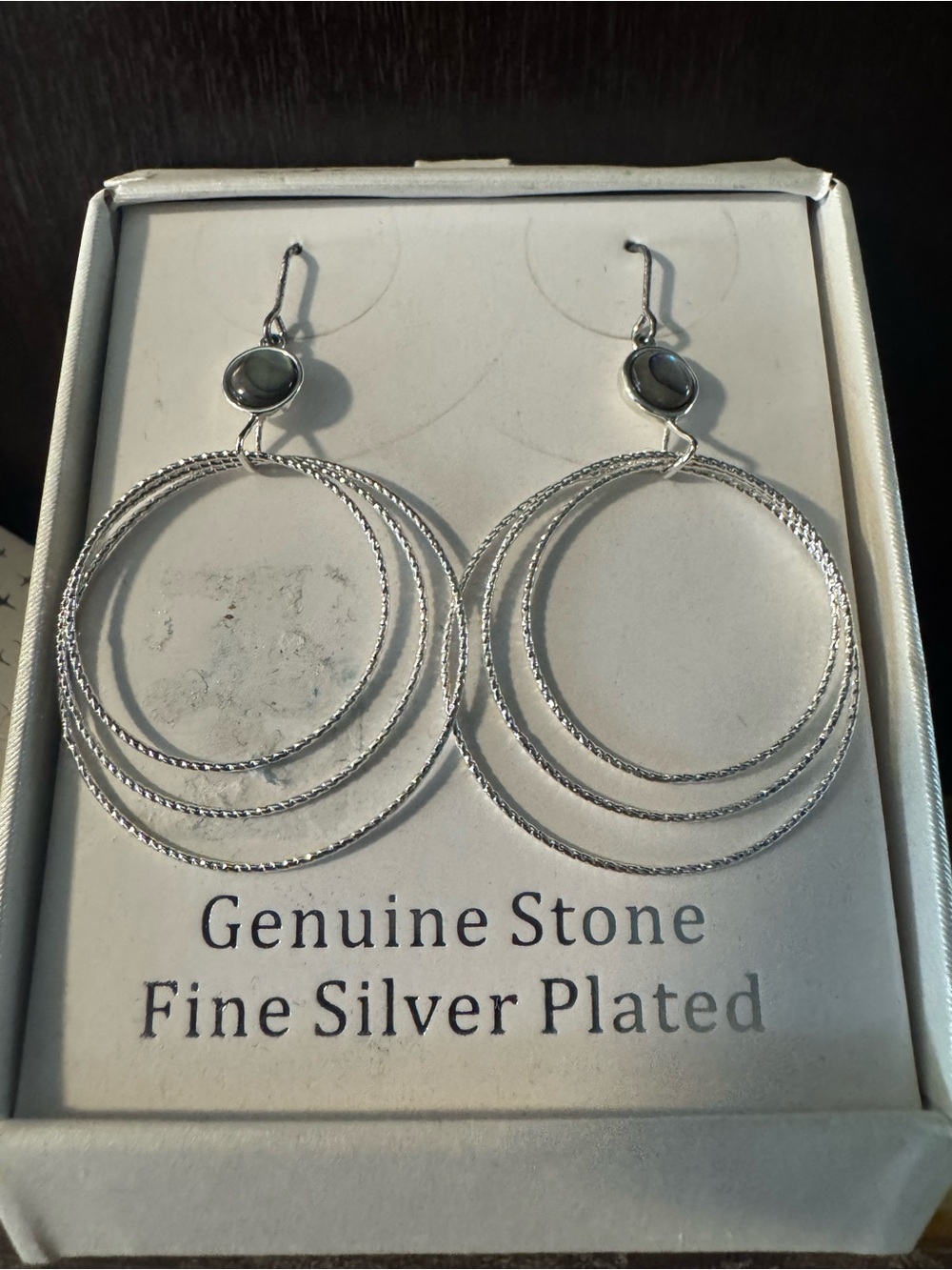 Fine Silver-Plated Multi-Hoop Earrings with Dark Gray Stone